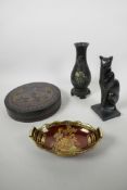 An eclectic lot including a bronze sculpture of a Siamese cat, 8" high x 3" wide, A/F, a round