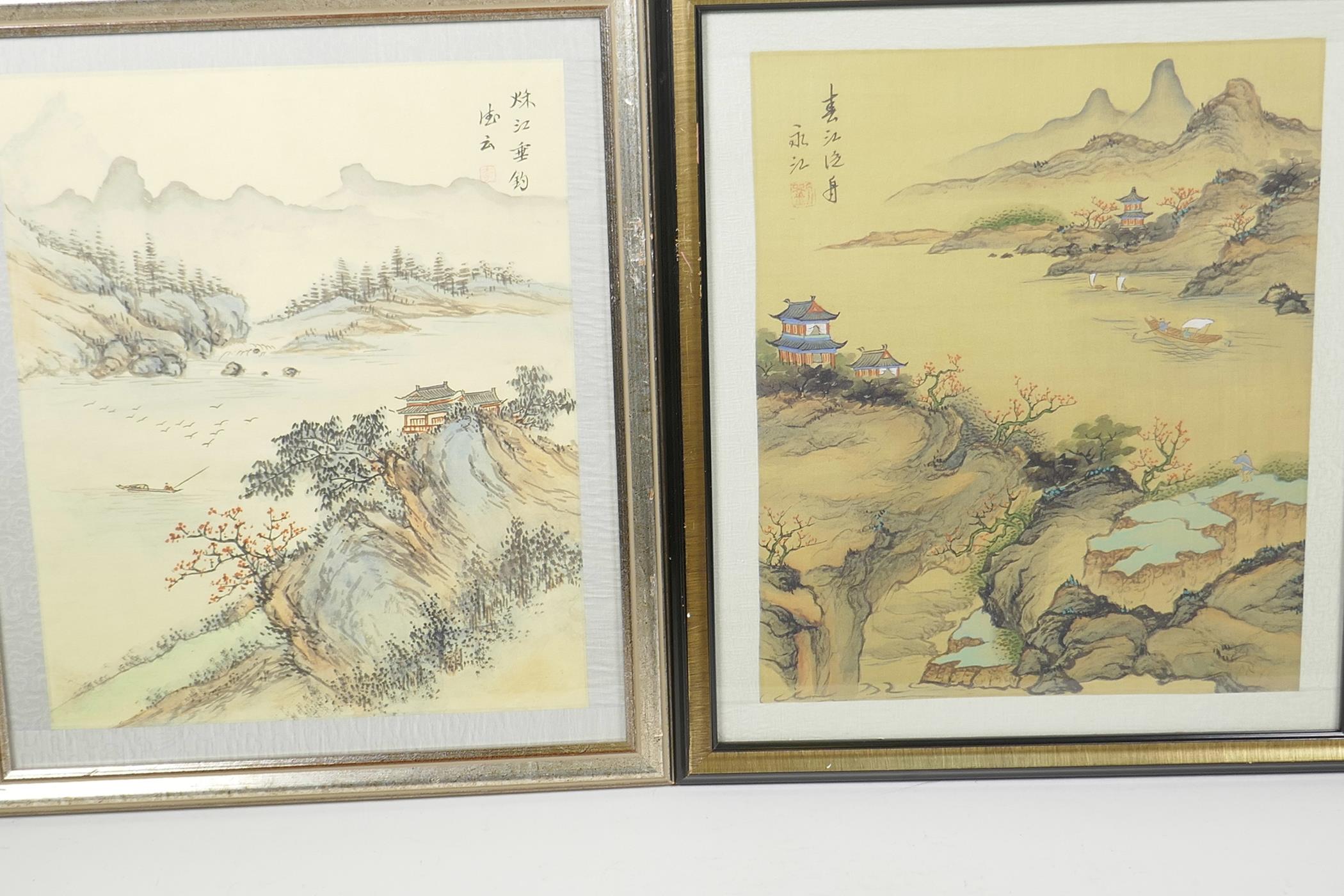 Two Chinese colour prints on silk, lake scenes with figures and boats, 10" x 12"