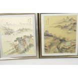 Two Chinese colour prints on silk, lake scenes with figures and boats, 10" x 12"