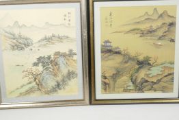 Two Chinese colour prints on silk, lake scenes with figures and boats, 10" x 12"