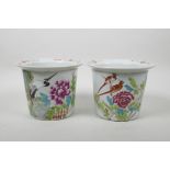 A pair of Chinese Republic famille rose porcelain planters decorated with birds and flowers, seal