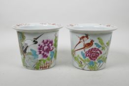 A pair of Chinese Republic famille rose porcelain planters decorated with birds and flowers, seal