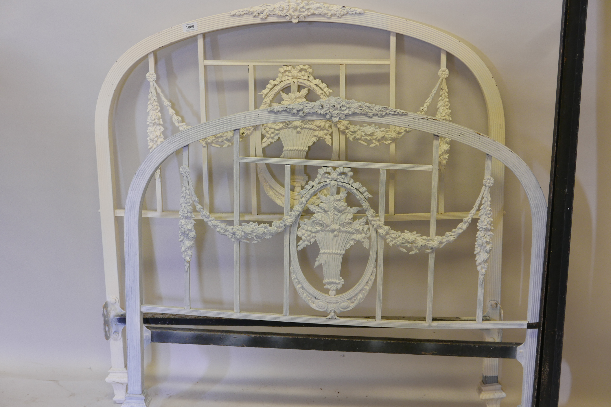 An early C20th French painted brass bed with swag and floral decoration, 42" wide x 44" x 74" - Image 2 of 2