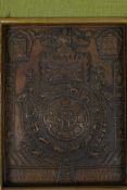 A Sino-Tibetan framed copper repousse plaque with Buddha and Zodiac animal decoration, 9½" x 11"
