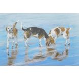 D. Brown, three beagles on a beach, signed, mixed media painting, 10" x 6½"