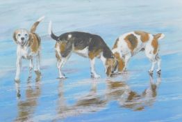 D. Brown, three beagles on a beach, signed, mixed media painting, 10" x 6½"