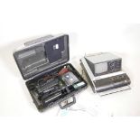 A Sony CCD-V7AF-E video camera recorder in case, and a vintage National (Panasonic) transistor TV,