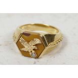 A large silver gilt American eagle ring set with tiger's eye and white stone, size 'Z'
