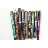 A collection of fountain pens, six Conway Stewart, one Sheaffer, one Valentine, and one Koppy Kleen,