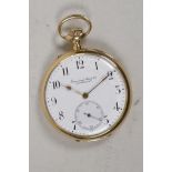 An International Watch Company 14ct gold cased open face pocket watch having white enamel face