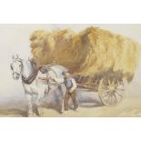 Young farmhand leading a heavy horse pulling a cart of hay, C19th, watercolour, 13" x 9"