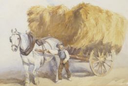 Young farmhand leading a heavy horse pulling a cart of hay, C19th, watercolour, 13" x 9"
