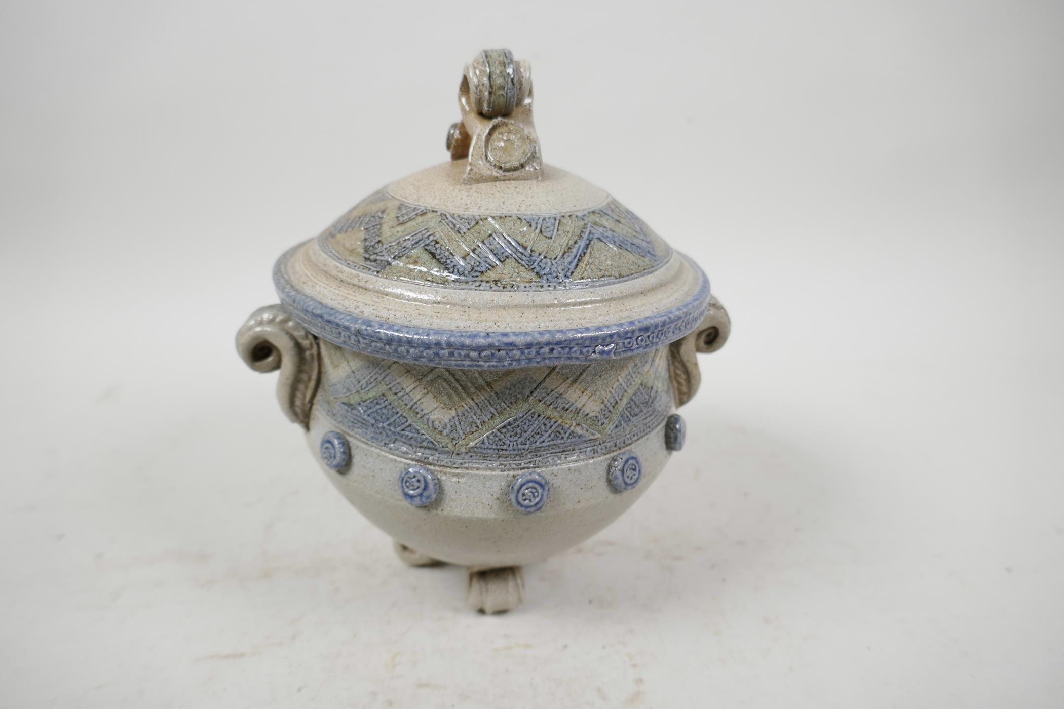 Carol King (British), studio pottery sweet jar and cover, raised on three feet, 7½" high, 6" - Image 6 of 6
