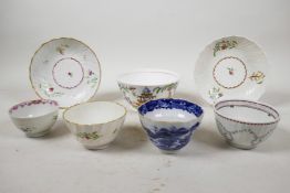 Three Dr. Wall first period Worcester (1751-1776) tea bowls and a saucer, a New Hall tea bowl and