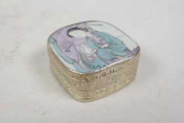 A Chinese white metal trinket box, the lid set with a polychrome porcelain shard depicting a lady,