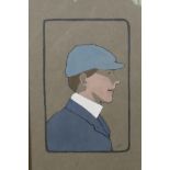 Portrait of a boy wearing a cap, initialled, hand coloured lino-cut(?), 11½" x 7"