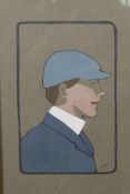 Portrait of a boy wearing a cap, initialled, hand coloured lino-cut(?), 11½" x 7"