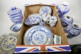 A box of English and Oriental blue and white porcelain, mainly C19th and earlier, all A/F