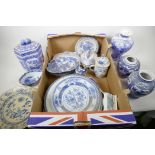 A box of English and Oriental blue and white porcelain, mainly C19th and earlier, all A/F