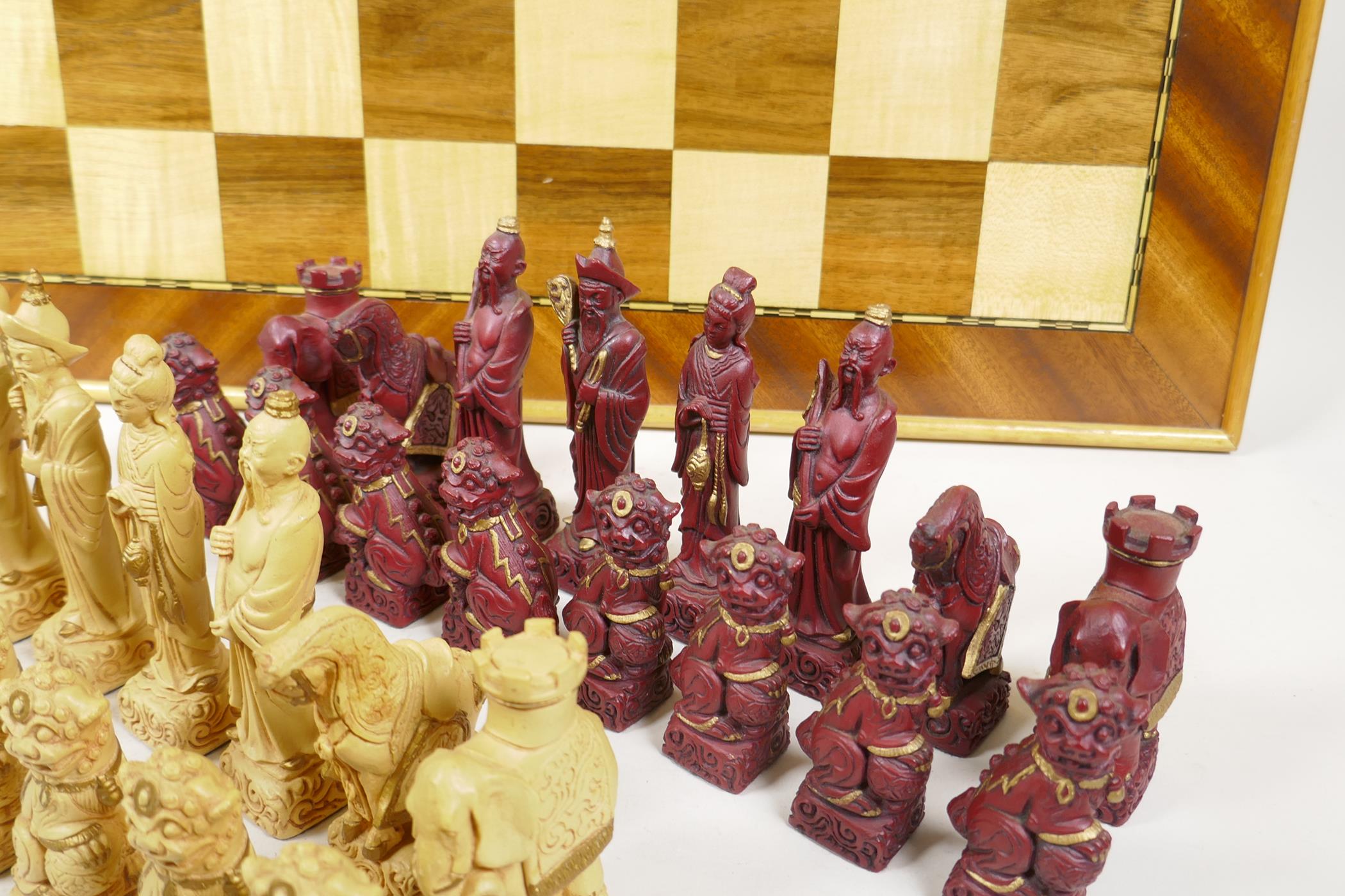 A composition chinoiserie chess set and board, complete, 24" x 24" - Image 3 of 3