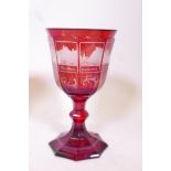 A Bohemian ruby overlaid glass goblet, engraved with eight vignettes of towns on the Rhine with
