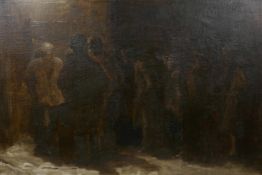 Attributed to Kalman Kemeny, figures gathered by a doorway, inscribed verso, unframed, oil on