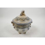 Carol King (British), studio pottery sweet jar and cover, raised on three feet, 7½" high, 6"