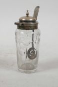 A cut glass and silver mounted condiment and spoon (condiment Birmingham 1879, spoon London 1842)