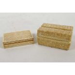 Two small carved bone boxes with hinged lids, having basket weave decoration, largest 2½" x 1½" x