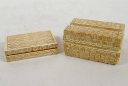 Two small carved bone boxes with hinged lids, having basket weave decoration, largest 2½" x 1½" x