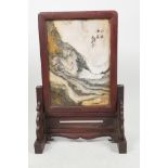 A small Chinese hardwood table screen with patterned marble panel, signed, 11" high