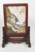 A small Chinese hardwood table screen with patterned marble panel, signed, 11" high