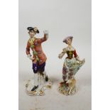 Two C19th German Sitzendorf porcelain figures of a lady in C18th dress with a lamb and encrusted