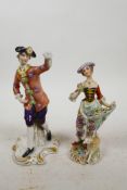 Two C19th German Sitzendorf porcelain figures of a lady in C18th dress with a lamb and encrusted