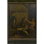 Figures in a tavern, antique oil on metal panel, 9½" x 7½"