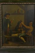 Figures in a tavern, antique oil on metal panel, 9½" x 7½"