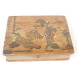 A Chinese lacquered box, the lid decorated with ladies smoking opium, the interior having a tray and