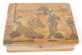 A Chinese lacquered box, the lid decorated with ladies smoking opium, the interior having a tray and