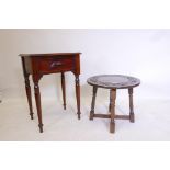 A hardwood single drawer side table and an oak occasional table with carved top, raised on turned