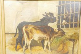 Stable interior with donkey and calf being watched by a mule in adjacent stable, oil on board,