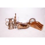 Copper jugs, a flask and decorative wooden items, including an oak mantel clock, 9" high