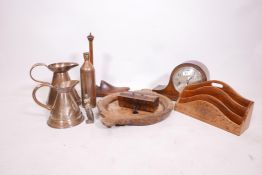 Copper jugs, a flask and decorative wooden items, including an oak mantel clock, 9" high