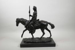 After R. Libin, bronze of a Native American brave on horseback, 14" x 14"