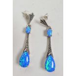 A pair of silver Art Deco style drop earrings set with blue opalite and marcasite, 2" drop