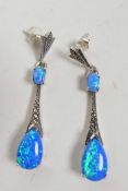 A pair of silver Art Deco style drop earrings set with blue opalite and marcasite, 2" drop