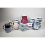 A collection of C19th Staffordshire jugs, Burslem, Wedgwood, Grimwades, Mintons etc, largest 11"