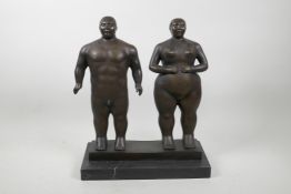 After Fernando Botero, Adam and Eve, bronze sculpture, 12½" x 15" high