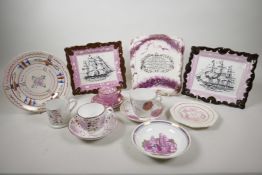 A quantity of Sunderland lustreware from 1850, consisting of various cups and saucers, three wall
