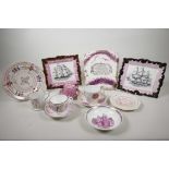 A quantity of Sunderland lustreware from 1850, consisting of various cups and saucers, three wall