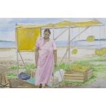 Phyllis O'Shea, lady selling bananas from a beachside stall, signed, 15" x 11"